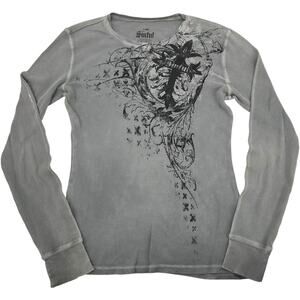 VTG y2k Womens Grey Sinful Cross Skater Thermal Waffle Knit Long Sleeve Shirt~ L